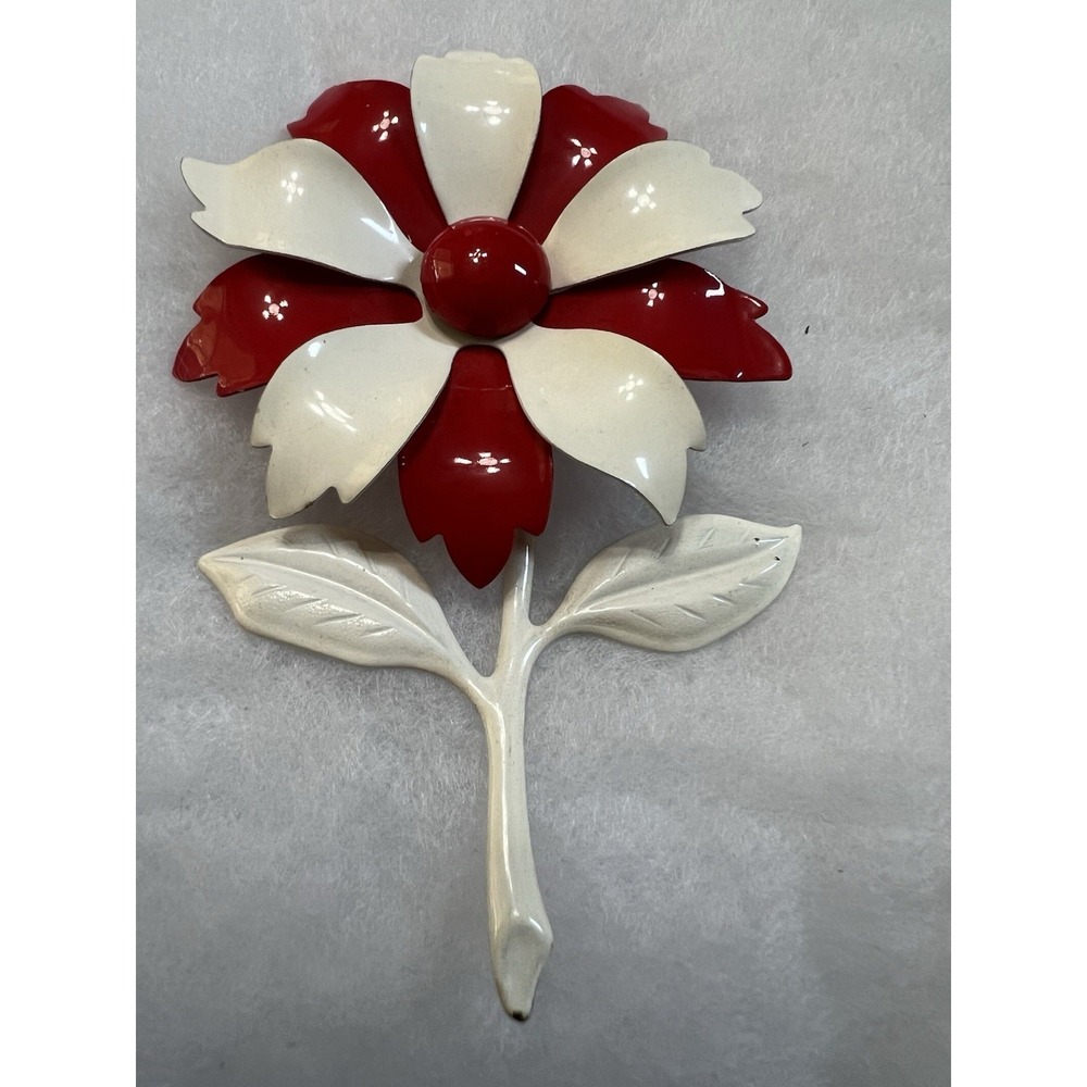 Vintage Enamel Red White Flower Pin Brooch Pin  4 in‎ Art Deco Runway